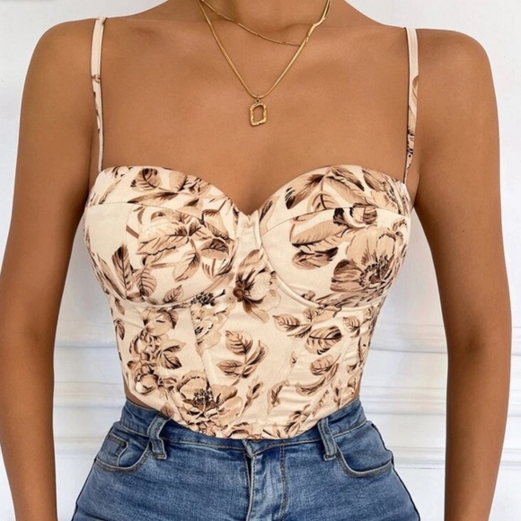 Boho Floral Print Lace up Cami Corset Cropped Top - Picture 5 of 7